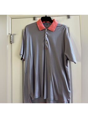 Men’s Alan Flusser Golf Pearl washed cotton shirt sleeve, striped polo. Size L